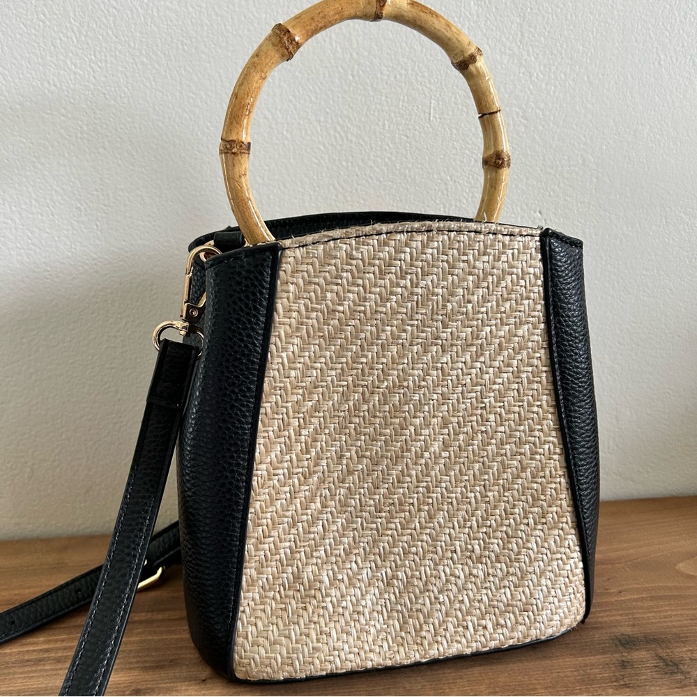 Anne Klein Black and Tan Woven Handle Bag - Picture 6 of 13